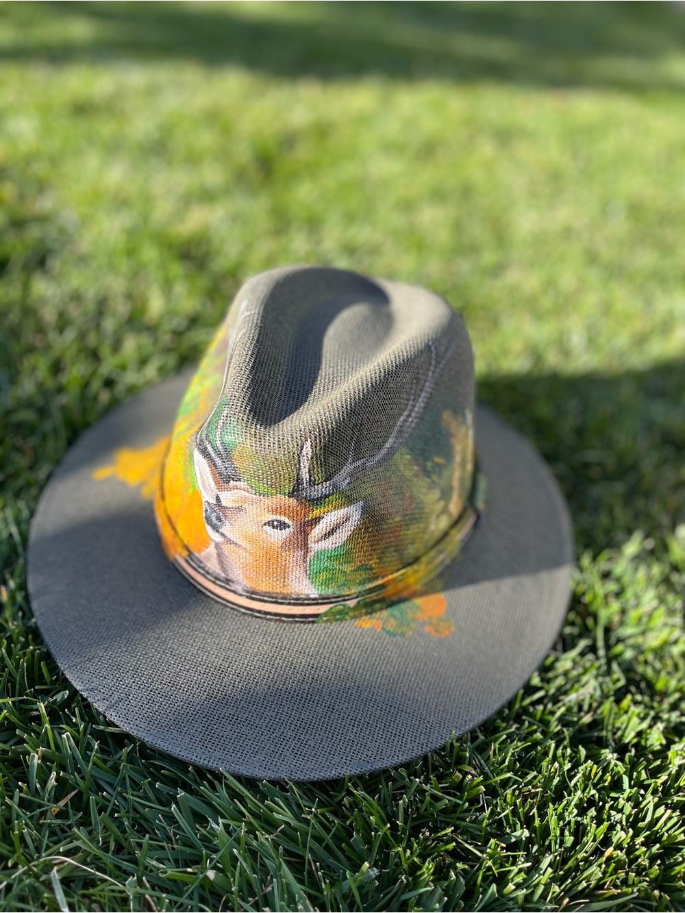 Hand-Painted Olive Gray Fedora with Deer Motif